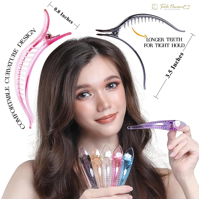 RC ROCHE 6 Pcs Duck Bill Alligator Hair Clips for Women Sectioning Flat Claw Long Thick Hair Inner Teeth Curved Styling Jaw Strong Secure Grip Salon, Medium Transparent