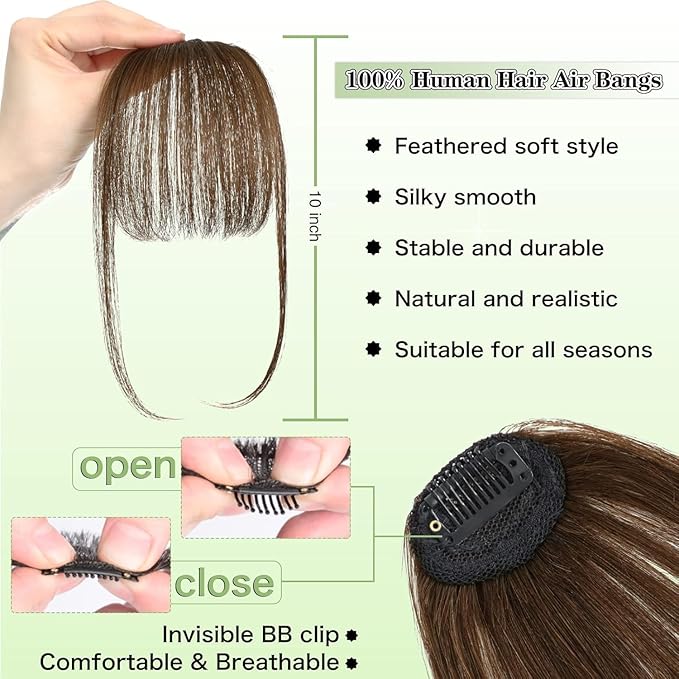 NAYOO Bangs Hair Clip -Medium Brown Fake Bangs 100% Real Human Hair Extensions Wispy Bangs for Women Fringe with Temples Hairpieces Curved Bangs for Daily Wear