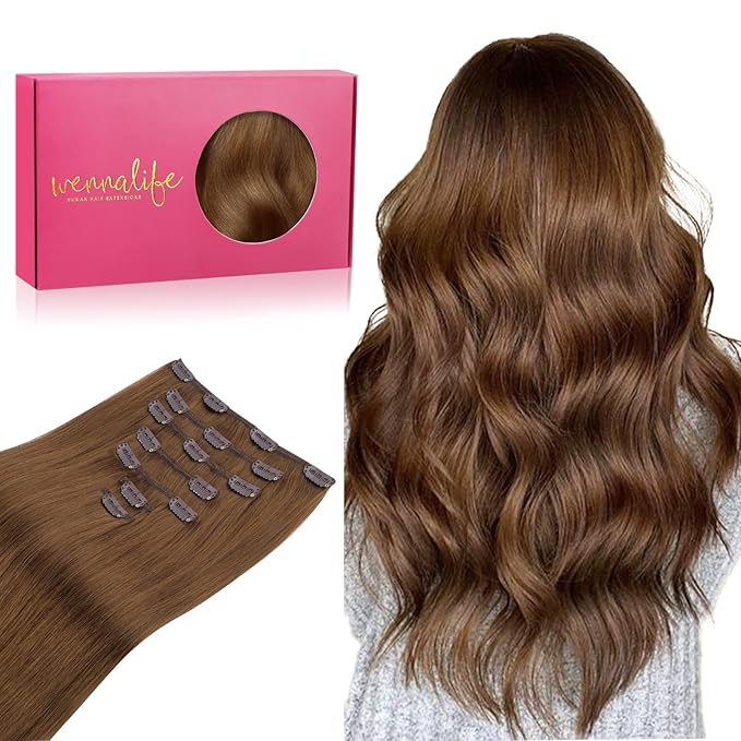 WENNALIFE Clip in Hair Extensions Real Human Hair, 22 Inch 120g 7pcs Human Hair Extensions Clip In Human Hair, Light Auburn Brown Hair Extensions Clip In Real Hair Coloured Remy Human Hair Extensions