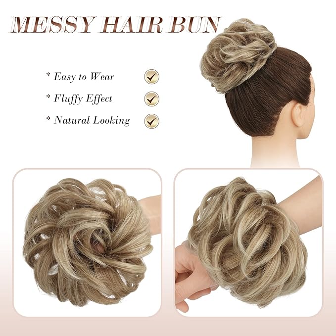 FESHFEN Messy Bun Hair Piece - Large Elastic Wavy Curly Hair Bun Scrunchies Ponytail Extensions Synthetic Chignon Hairpieces for Women, Mixed Blonde and Ash Blonde Tips 1.94oz