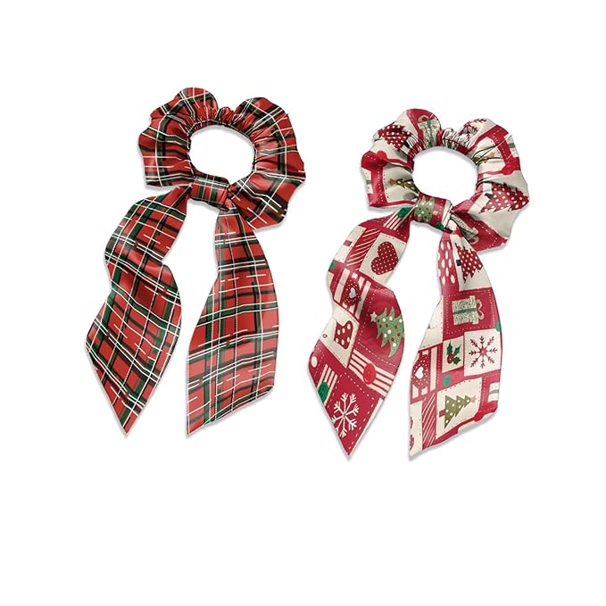 Red Plaid Hair Tie Ribbon Christmas Pack Of 2 Knotted Bow Hair Scrunchies Elastic Bow Hair Ties Lightweight Ponytail Holder for Women
