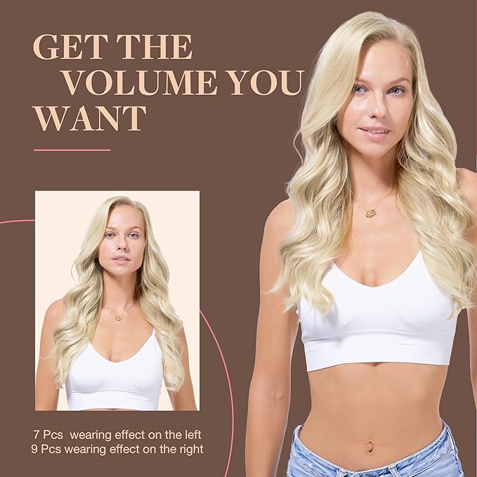 GOO GOO Clip in Hair Extensions Real Human Hair, Remy Human Hair Extensions Clip ins for Women, Natural Human Hair, 16inch 150g 9Pcs, 17A/60A Ash Blonde Highlighted Platinum Blonde