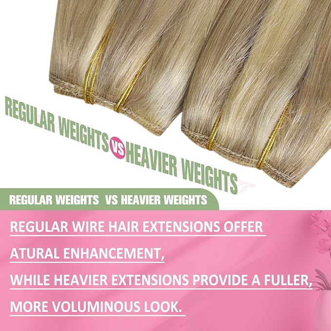 YoungSee 130G Wire Human Hair Extensions Blonde Highlight Wire Hair Extensions Human Hair Golden Blonde Highlights Light Blond Fish Line Extensions Remy Hair 20Inch