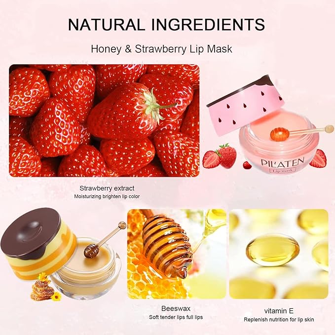 4Pcs Bee Lip Balm Honey Pot, Honey & Strawberry Lip Balm Moisturizing Lip Mask with Stick Hydrating & Prevention Dry and Cracked Lip Scrubs Exfoliator, Lip Sleep Mask Reduces Lip Lines