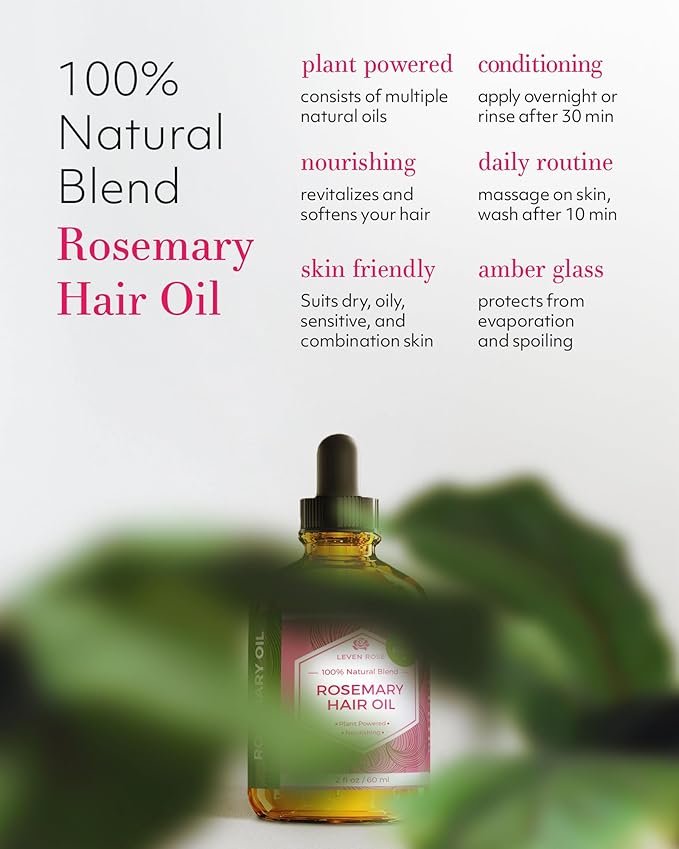 Leven Rose Organic Rosemary Hair Growth Oil with Castor, Rosemary, Peppermint, Jojoba, Argan, Pumpkin Seed, Horse Tail Extract, Evening Primrose for all Hair Types, Natural, 2 oz