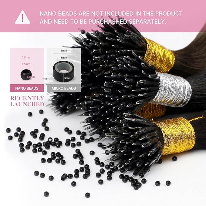 YoungSee Nano Bead Hair Extensions Human Hair Dark Brown Nano Ring Hair Extensions Brown Nano-Tip Extension Human Hair Cold Fusion Hair 1g Nano-Link Hair Extension 24inch 50s 50g for Vacation