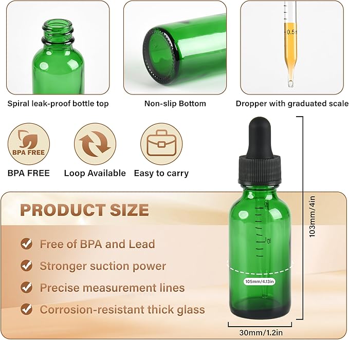 6 Pcs, 1oz Dropper Bottle, Green Glass Eye Dropper Bottle,Tincture Bottles with Dropper, Leak-Proof Design, Stronger Suction, for All Kinds of Mixed Liquids