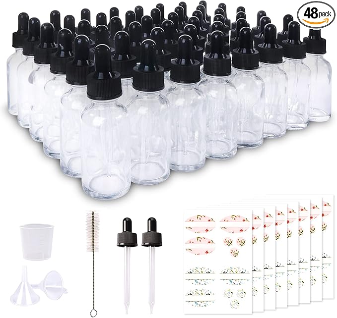 48 Pack 1oz Clear Glass Bottles with Glass Eye Droppers for Essential Oils, Perfumes & Lab Chemicals (Brush, Funnels, 2 Extra Droppers, 54 Pieces Labels & 30ml Measuring Cup Included)