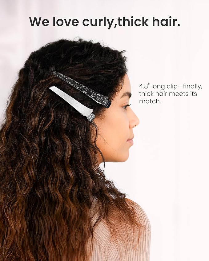 AIMIKE Extended Sectioning Hair Clips w/Built-in Silicone Band, 4.8" No-Crease Non-Slip Hair Styling Clips for Thick, Curly Hair –Blow Drying, Hair Rollers, Rust-Free – 6 Pack, Glitter Duckbill Clips