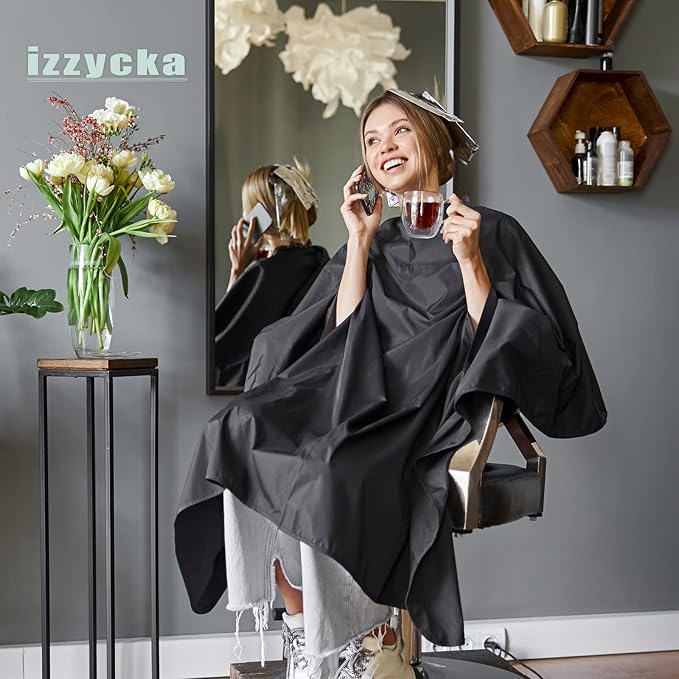 Professional Barber Cape With Armholes - Hands Free All Purpose 64"x56" Large Waterproof Salon Capes for Hair Stylist - Nylon Hair Cutting Cape For Hair Dye, Hair Color,Haircut - Black