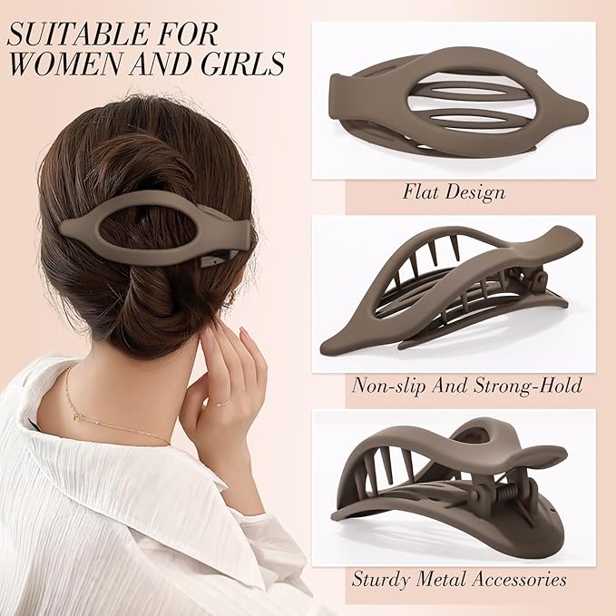 Obeoby 8 Pcs Flat Hair Clips for Women, 4 Types French Flat Claw Clips Hair Accessories Barrettes Flowers Duckbill Large Medium Stocking Stuffers Christmas Gifts (Coffee, Black)