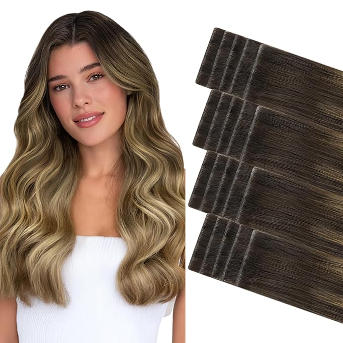 GOO GOO Invisi Edge Tape in Hair Extensions Human Hair, 2/6/18 Balayage Brown to Dirty Blonde, 20pcs 24inch 50g, Virgin Remy Hair, Seamless Injected Tape, Natural Look