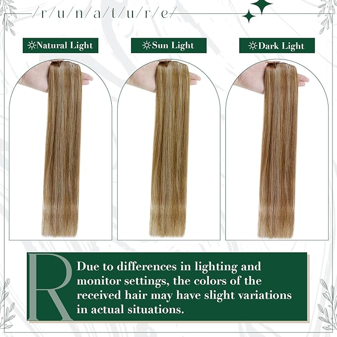 RUNATURE Blonde Human Hair Clip-in Extensions 20 Inch Real Human Hair Dark Blonde Highlight Hair Extensions Remy Hair Extensions Double Weft Full Ends 50g 3pcs