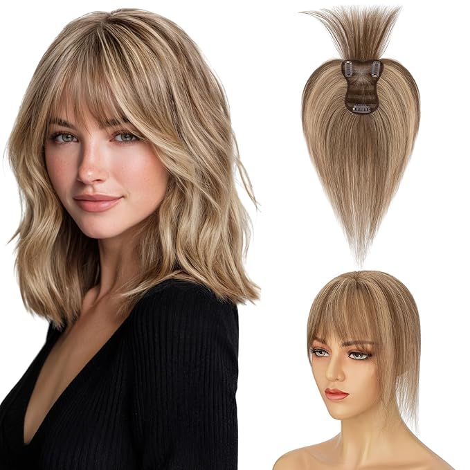 Human Hair Topper with Bangs for Women, 360° Cover Clip in Fringe Bangs Hair Toppers Hair Piece with Highlights 3.15x4.33 Hand-tied Base Medium Brown&Dark Blonde