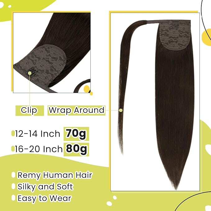 RUNATURE Ponytail Extension Human Hair, Wrap Around Real Human Hair Ponytail Extension, Clip in Ponytail Hair Extensions, Remy Natural Hair Pony Tails, Magic Pate Hairpiece, 16 Inch 80g #2 Dark Brown