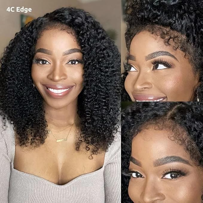 Julia Hair Bye Bye Knots 4C Kinky Curly Glueless Natural Hair Wig 7x5 Pre Cut HD Lace Front Kinky Edges Hairline Wig Pre Bleached Pre Plucked Virgin Hair with Baby Hair for Black Women 20 Inch