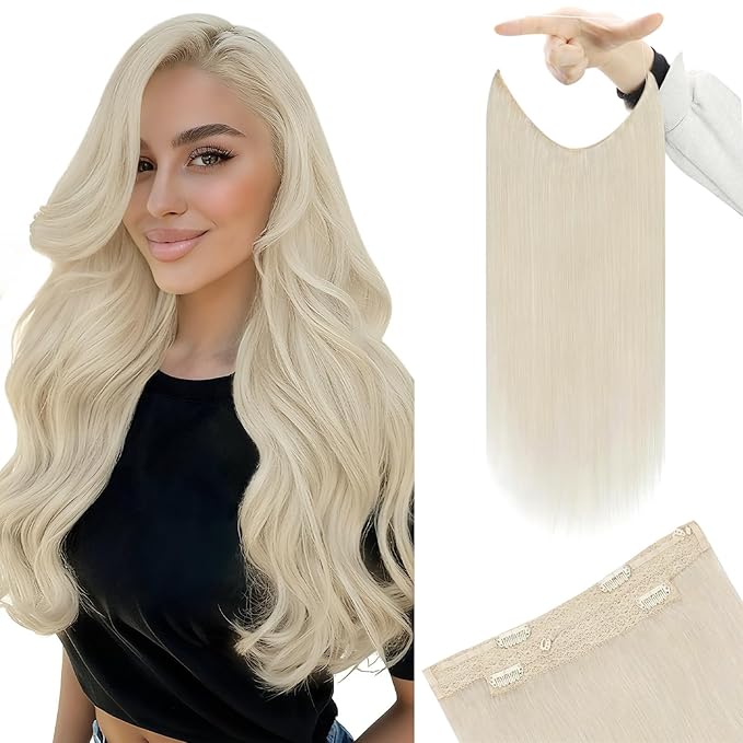 YoungSee Wire Hair Extensions Blonde Invisible Wire Hair Extensions Real Human Hair Platinum Blonde Dyable Headband Hair Extensions for Women 12In 70G