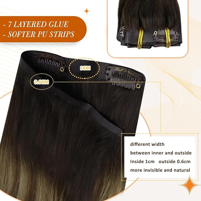 Full Shine Clip in Human Hair Extensions Balayage Dark Brown to Brown Mix Caramel Blonde Clip in Hair Extensions Softness Remy Hair 14 Inch 8 PCS 120 Grams