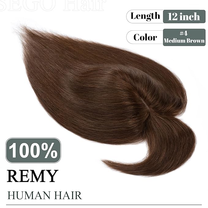 SEGO Hair Toppers for Women Real Human Hair with Thinning Hair, Toppers Hair Pieces Clip in Toppers Straight Hair Pieces with Front Bangs 150% Density Silk Base -12 Inch #4 Medium Brown