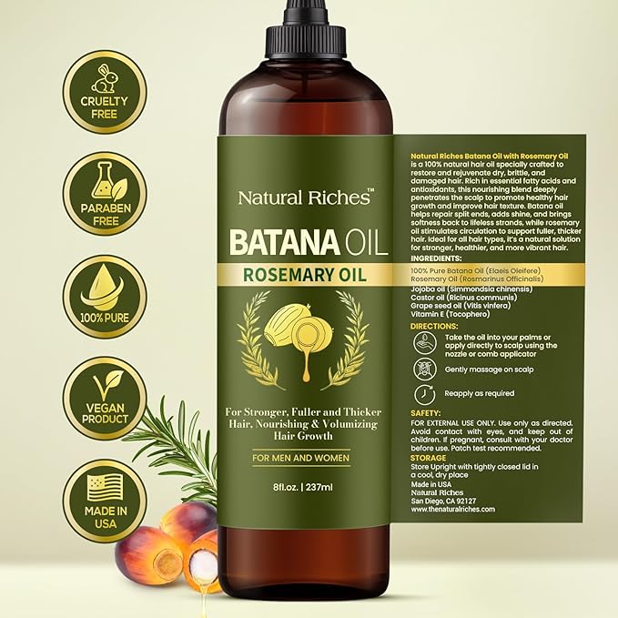 Natural Riches Rosemary & Batana Hair Oil (8 fl oz) | Revitalizing and Strengthening Hair Treatment for Fuller, Healthier-Looking Hair | Paraben Free | Suitable for All Hair Types