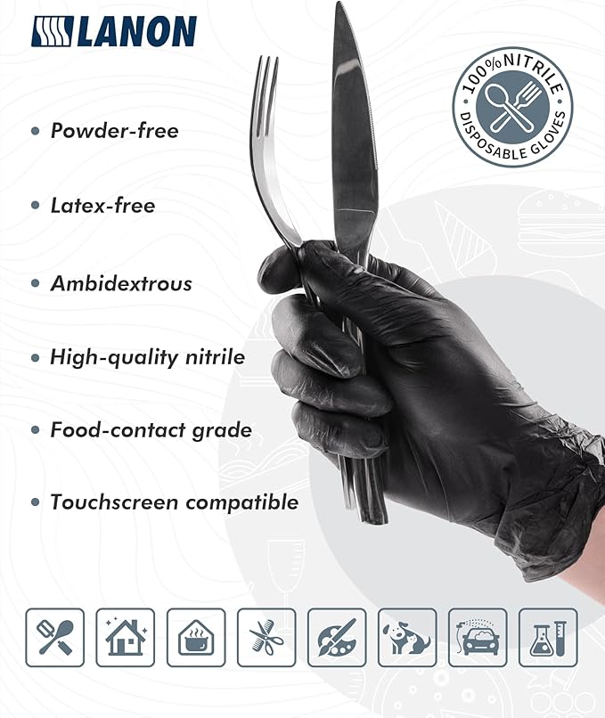 LANON Food Safe Disposable Nitrile Gloves, Latex-Free, Powder-Free, Silicone-Free, Textured Fingertips, Cooking, Black，X-Large