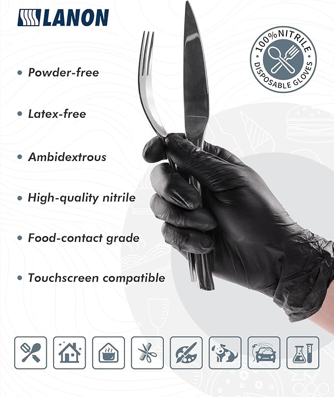 LANON Protection Food Safe Disposable Nitrile Gloves, Latex-Free, Powder-Free, Silicone-Free, Textured Fingertips, Cooking, Black,Small