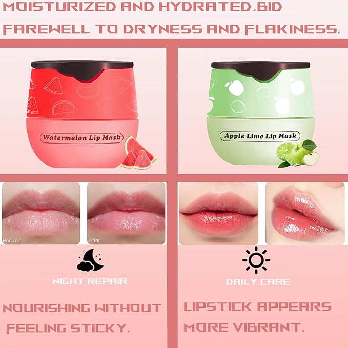 2 PCS Bee Lip Balm Honey Pot, Watermelon Apple Bee Lip Balm Sleeping Lip Mask Overnight with Sticks, Honey Pot Lip Balm Hydrating Exfoliating Prevention Dry and Crack Lip Scrubs