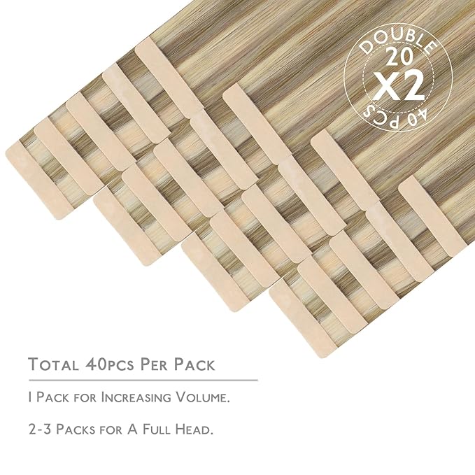 WENNALIFE Tape in Hair Extensions Human Hair, 40pcs 100g 20 inch Ash Brown with Platinum Blonde Highlights Hair Extensions Real Human Hair Straight Tape in Extensions Invisible Human Hair Extensions