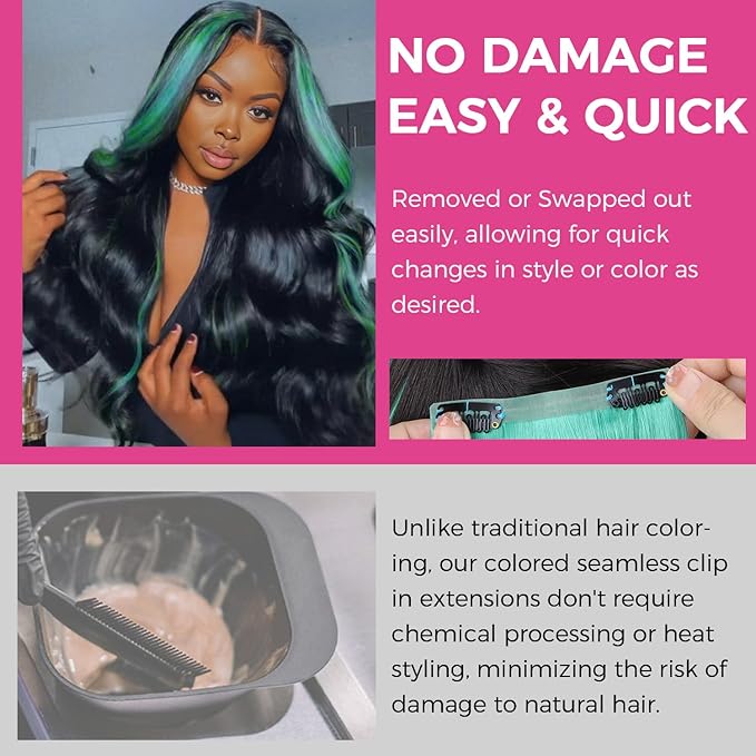 Lashey Clip in Hair Extensions Real Human Hair Green 4pcs 50g Seamless Clip in Hair Extensions Human Hair 22 Inch Long Straight Hair