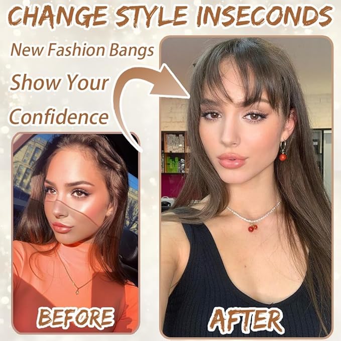 Amchoice Hair Toppers for Women Real Human Hair, Bangs Hair Clip 360° 3D Cover Bangs, Human Hair Toppers for Women Daily(Light Brown, 3D Side Bangss (5 * 9))
