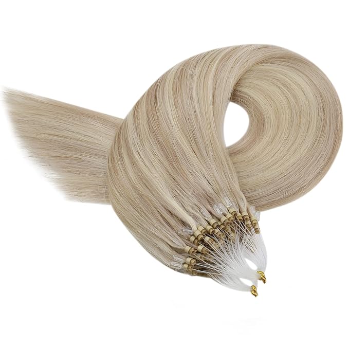 YoungSee Micro Beads Hair Extensions Blonde Micro Loop Hair Extensions Real Human Hair Ash Blonde Mix Blond Highlight Beaded Hair Extension Real Human Hair for Long Hair 24 Inch 50g 50s