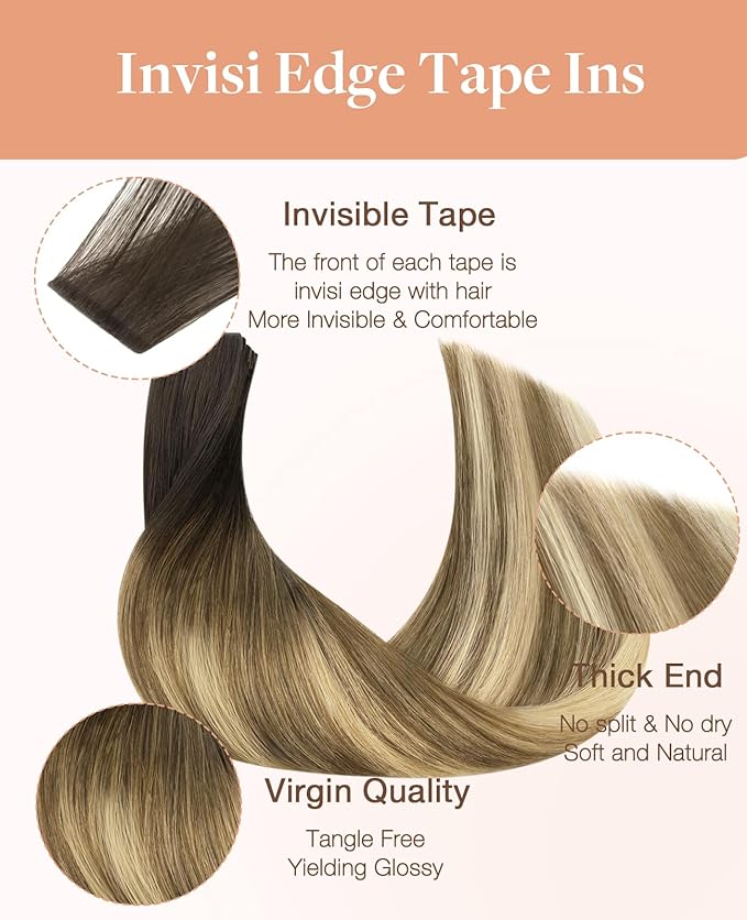 GOO GOO Invisi Edge Tape in Hair Extensions Human Hair, 2/6/18 Balayage Brown to Dirty Blonde, 20pcs 20inch 50g, Virgin Remy Hair, Seamless Injected Tape, Natural Look