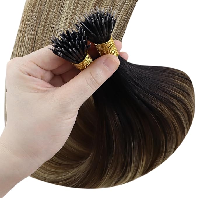 YoungSee Nano Ring Hair Extensions Human Hair Balayage Darkest Brown with Blonde Nano Tip Human Hair Extensions for Short Hair Pre Bonded Real Hair Nano Extension Straight Add Volume 50g/50s 14in
