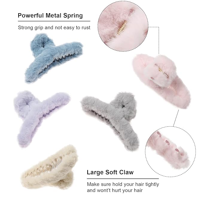 5PCS Large Claw Hair Clips for Thick Hair Big Fuzzy Hair Clips for Women Nonslip Strong Hold Hair Claw Clip (Plush (Blue+Grey+Pink+Purple+Beige))