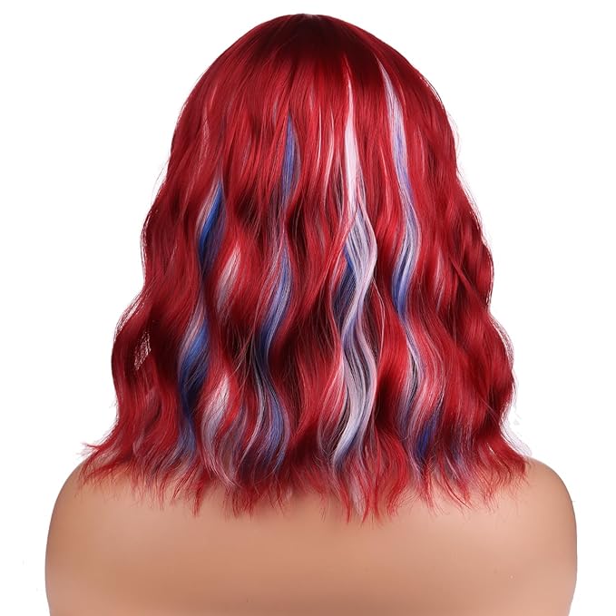 BERON 14 Inches 4th of July Wig Red White and Blue Wigs for Women Short Curly Red White and Blue Flag Wigs with Bangs for Daily Party Hairnet nclude