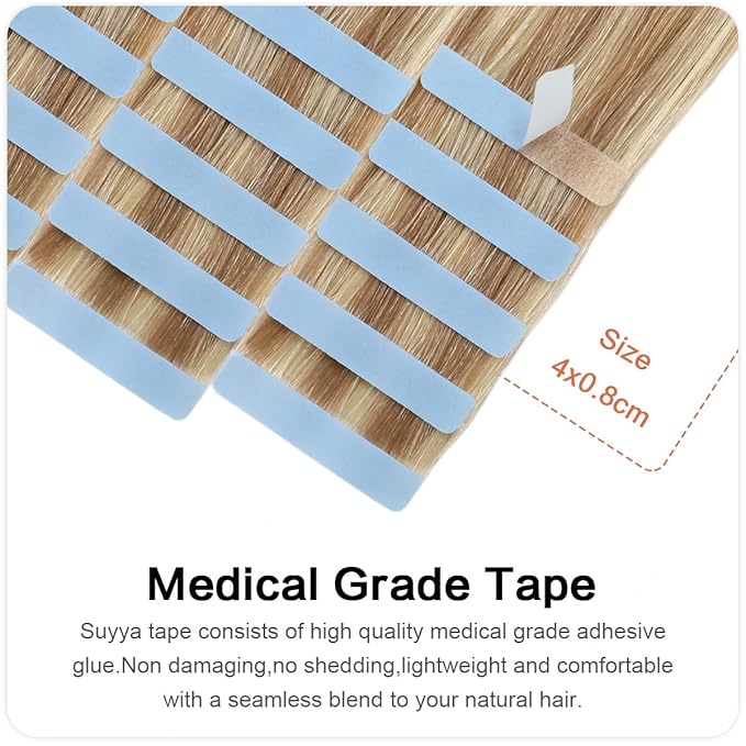 SUYYA Invisible Tape in Hair Extensions Human Hair Seamless Injected Hand-Tied Pro Quality Virgin Human Hair Tape Ins Ash Blonde Highlighted Bleach Blonde 20PCS 50G/Pack Straight(18 inch #P18/613)