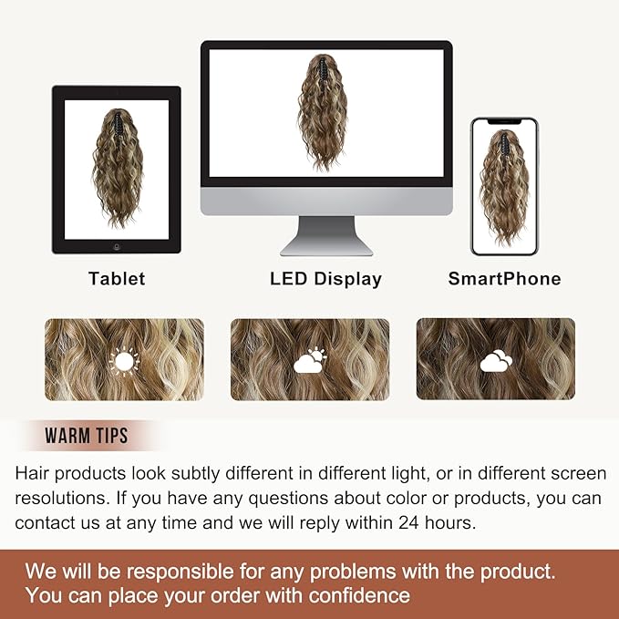 FLUFYMOOZ Ponytail Extension, 18 Inch Claw Clip Ponytail Extension, Wavy Curly Claw Clip in Ponytail Hair Extensions, Natural Fake Ponytail Synthetic Hairpiece for Women (Cool Brown with Blonde Highlights)