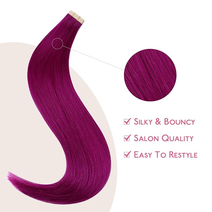 Wennalife Tape in Hair Extensions Human Hair Violet Tape in Extensions, 10pcs 30g 22 inch Remy Invisible Tape Ins Straight Colored Soft Real Human Hair Tape in Extensions Refill Set Extensions