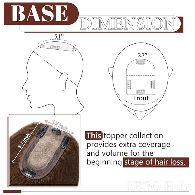 SEGO Real Human Hair Topper for Women, Toppers with Thinning hair No Bangs with 4 Anti-Slip Clips (10 Inch#4 Medium Brown)