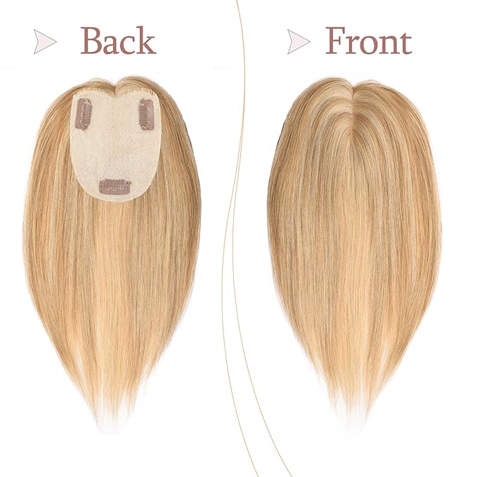 Human Hair Toppers for Women with Thinning Hair Real Human Topper Crown No Bangs 10 Inch #12P613 Golden Brown mix Bleach Blonde