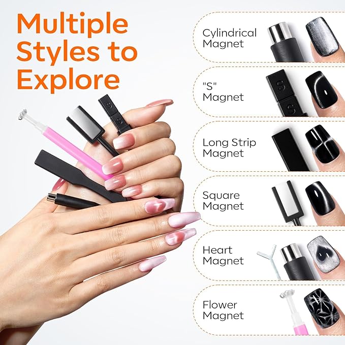 modelones Cat Eye Magnetic for Nails,15PCS Cat Eye Gel Nail Polish Magnet Tools Powerful Set Wand Magnet Summer Nail Polish Square Round Magnet Stick Diverse Glassy Cateye Effect