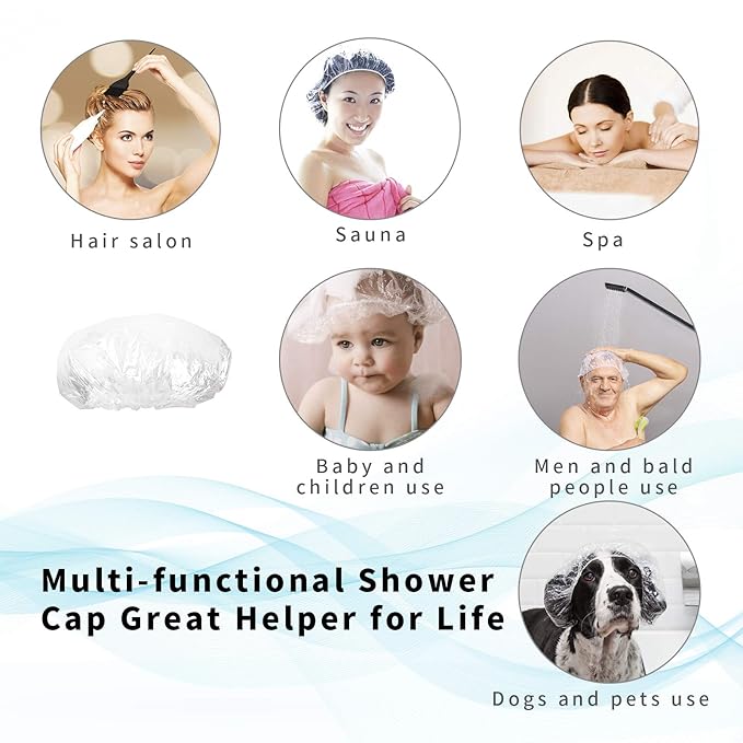 100PCS Larger Shower Caps Disposable, Thicker Waterproof Plastic Elastic Hair Bath Caps, Plastic Hair Caps for Women, Spa, Home Use, Hotel and Hair Salon, Portable Travel