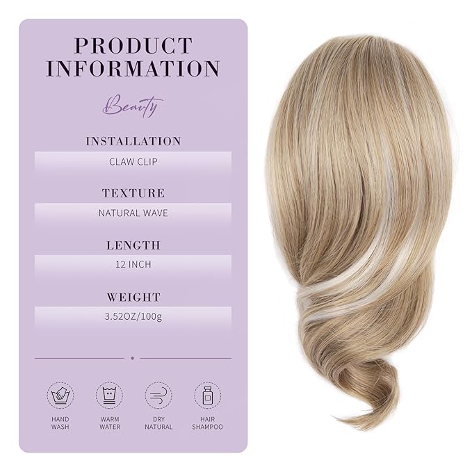 Clip on Ponytails for Women - 12 Inch Curly Ponytail Extension, Wavy Pony Tails Hair Extensions, Synthetic Hair Extensions Ponytail, Clip in Ponytail (Color: Ash Blonde with White Highlights)