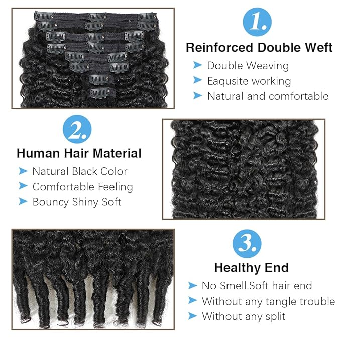Burmese Curly Clip in Hair Extensions Real Human Hair, 8Pcs Remy Human Hair Clip in Extensions for Women, Natural Soft Human Hair, 120g 18inch #1B Natural Black