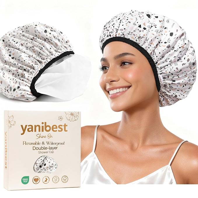 Yanibest Shower Cap Reusable Waterproof - Double Layer Shower Caps for Women, Washable Shower Bonnet with Soft Non-Slip Elastic Band, Bath Hair Hat for Most Hair Types