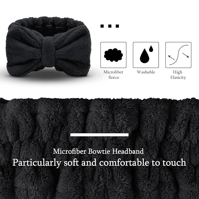 Hicarer 3 Pieces Towel Headbands for Women Makeup Spa Headband for Washing Face Shower (Black)
