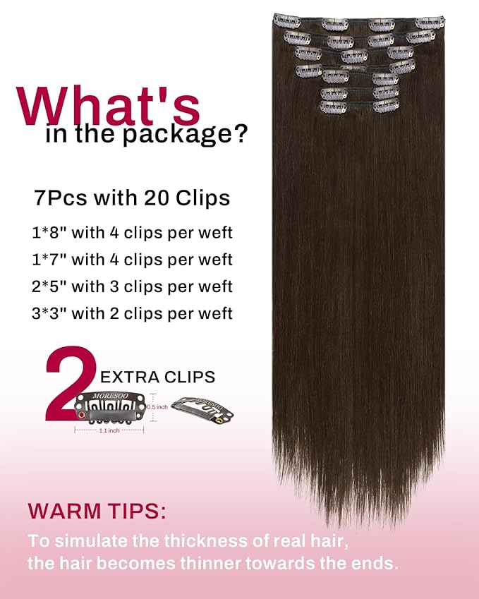 Moresoo Clip in Hair Extensions for Women Medium Brown Long Straight Real Hair Clip in Extensions Double Weft Medium Brown #4 Full Head 7pcs/150g 24inch