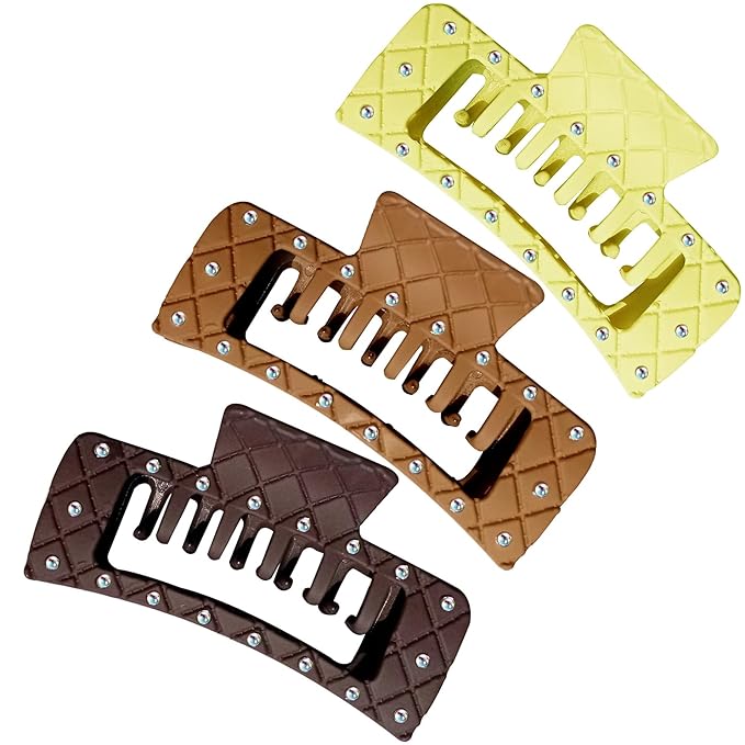 Bling bling Rhinestones Square Hair Clips Double Row Teeth,2 Rows Teeth Rectangle Hair Claw Clips with Shiny Rhinestones,Women Girls Sparkly Thick Hair Accessories Set(beige coffee chocolate)