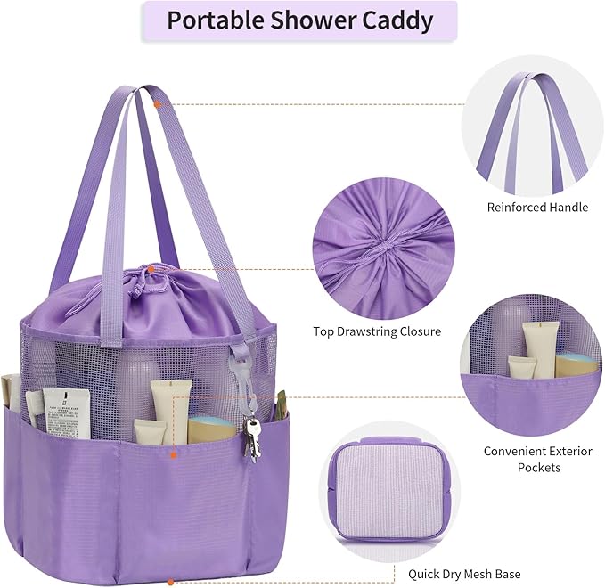 Mesh Shower Caddy Portable, Travel Toiletry Bag for Women Men, Large Capacity Shower Bag Quick Dry Bathroom Bag for Dorm, Gym, Bathroom, Camping, Beach, Swimming, Traveling, Purple