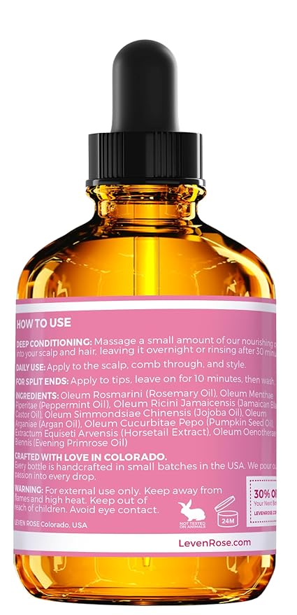 Leven Rose Organic Rosemary Hair Growth Oil with Castor, Rosemary, Peppermint, Jojoba, Argan, Pumpkin Seed, Horse Tail Extract, Evening Primrose for all Hair Types, Natural, 2 oz